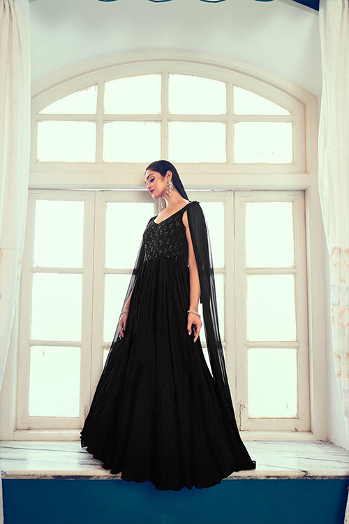Black Color Designer Anarkali Set With Sequence Work Koti for Party Wear in  USA, UK, Malaysia, South Africa, Dubai, Singapore